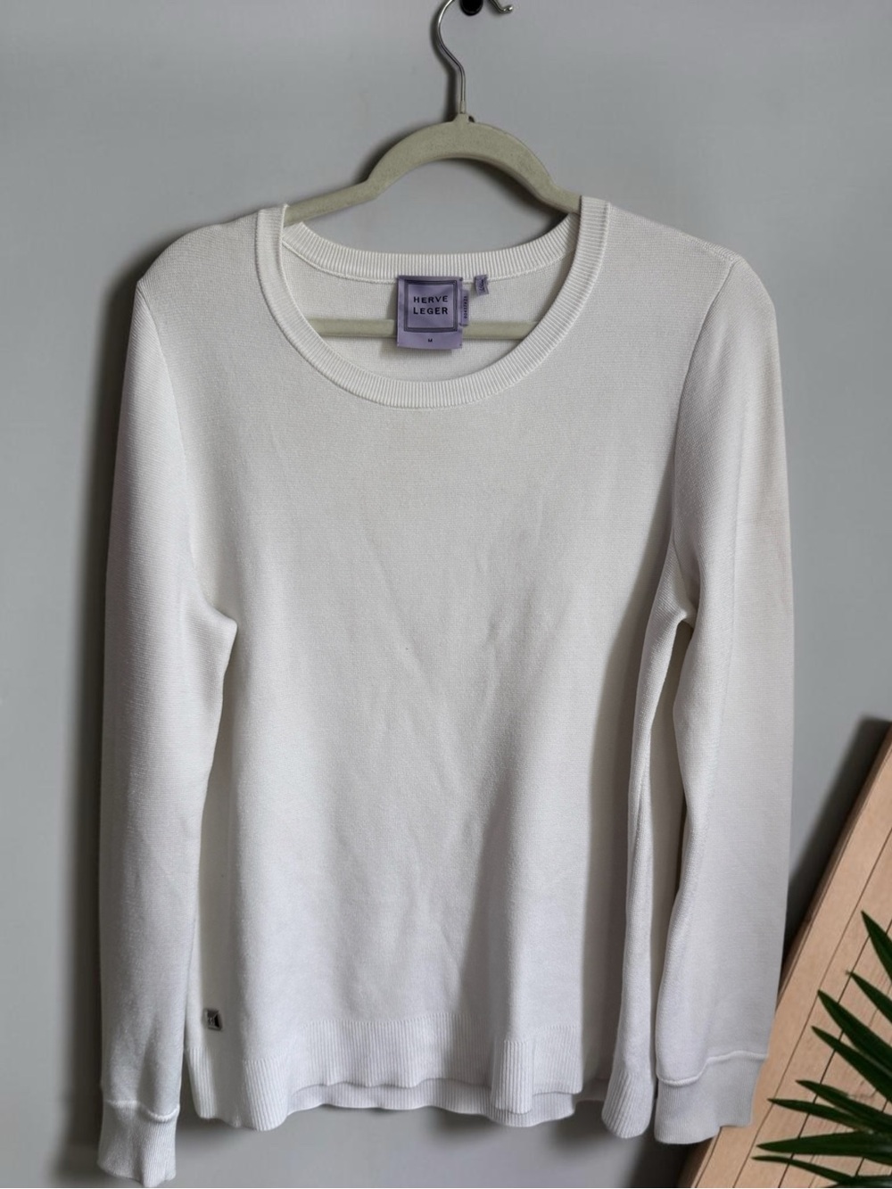 Herve Leger White Long-Sleeve Crewneck Top